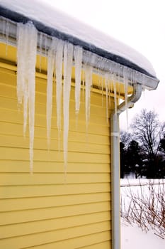 Icicles on gutter in yellow house, cloudy day