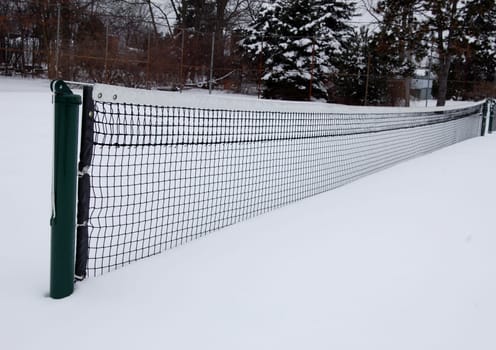 Tennis court in the snow with trees in background