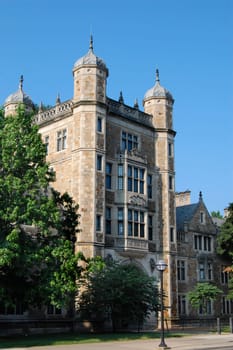 Vintage college dormitory, summer with blue sky
