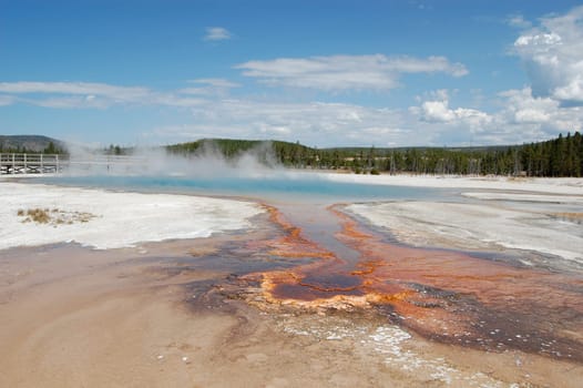 Yellowstone Black Sand Basin Rainbow Pool, with walking path and forest in background
