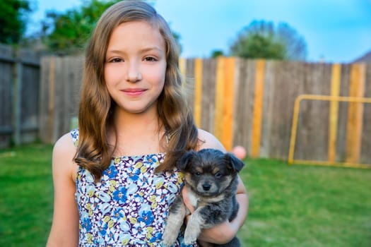 Beautiful kid girl portrait with puppy chihuahua gray dog