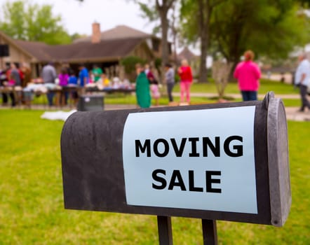 Moving sale in an american weekend on the yard green lawn