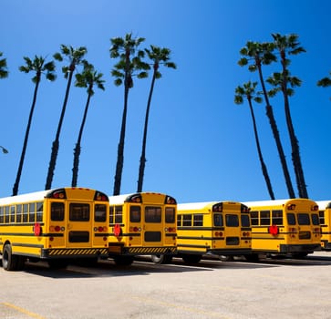 American school bus row with California palm trees photo mount