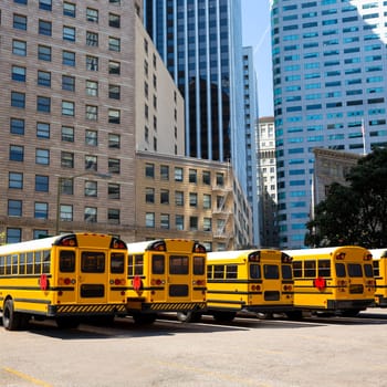 American typical school bus rear view in a row at San Francisco market photo mount
