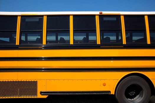 American typical school bus side view on blue sky day