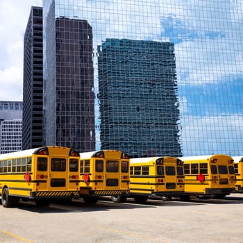 American school bus rear view in a row at Houston skyline photo mount
