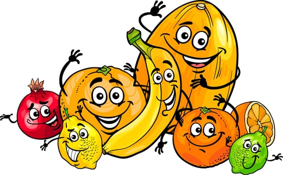 Cartoon Illustration of Funny Citrus and Tropical Fruits Food Characters Group