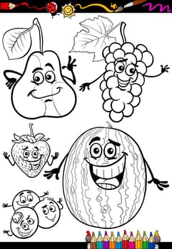 Coloring Book or Page Cartoon Illustration of Black and White Fruits Food Comic Characters Set for Children Education