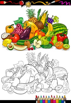 Coloring Book or Page Cartoon Illustration of Fruits and Vegetables Big Food Group for Children Education