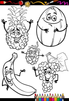 Coloring Book or Page Cartoon Illustration of Black and White Fruits Food Comic Characters Set for Children Education