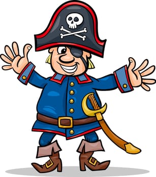 Cartoon Illustration of Funny Pirate or Corsair Captain with Eye Patch and Jolly Roger