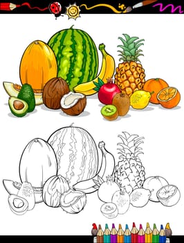 Coloring Book or Page Cartoon Illustration of Tropical Fruits Food Group for Children Education