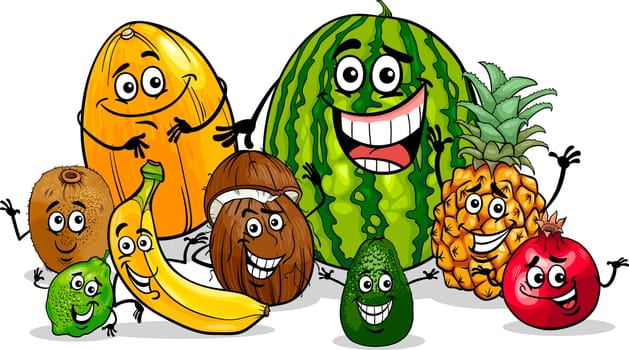 Cartoon Illustration of Funny Tropical Fruits Food Characters Group