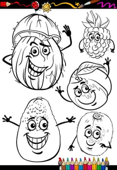 Coloring Book or Page Cartoon Illustration of Black and White Fruits Food Comic Characters Set for Children Education