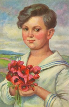 Boy in sailor suit with poppies