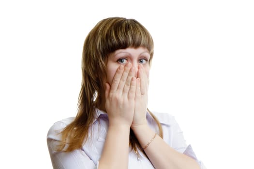 frightened young woman on a white background