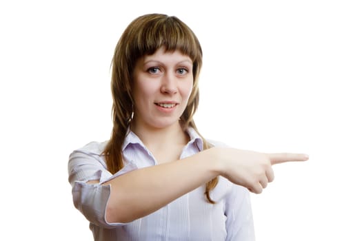 girl shows the index finger on a white background