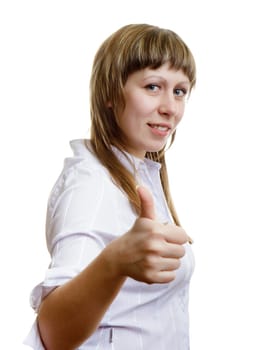 young girl with thumb up on a white background