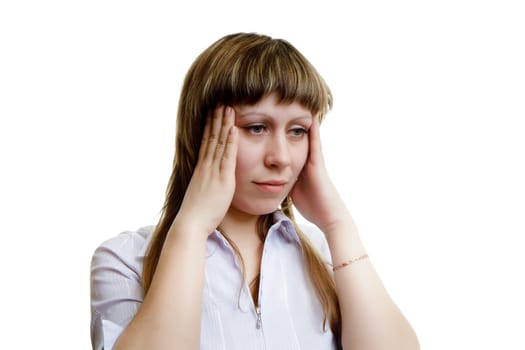 young woman with a headache on a white background