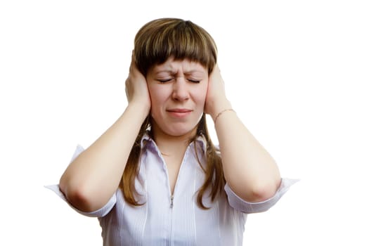 young girl covers his ears with his hands on a white background