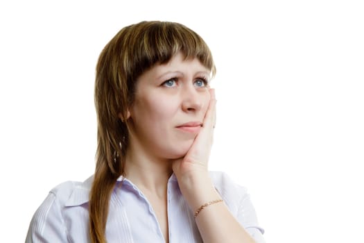 young woman with a toothache on a white background