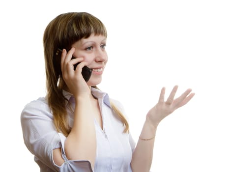 young woman talking on a cell phone on a white background