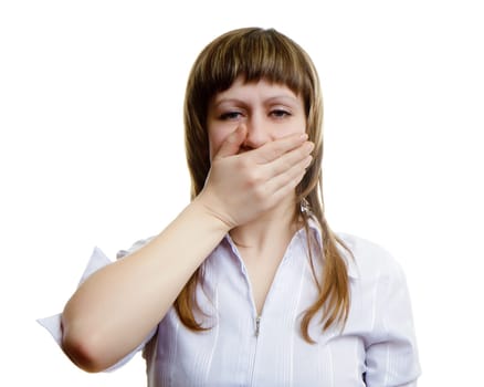 young girl covers her mouth with his hands on a white background