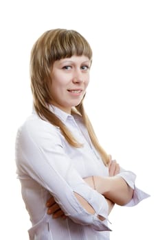 young girl in a white blouse isolated on white background