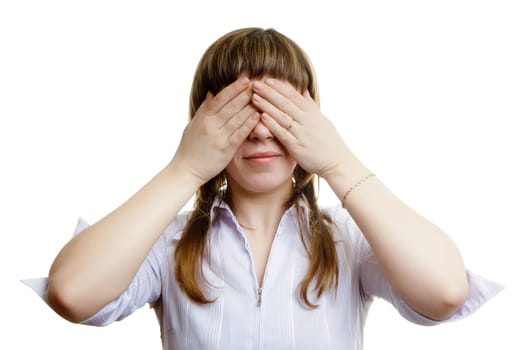 young girl closes her eyes on a white background