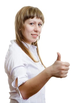 young girl with thumb up on a white background