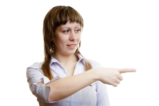 girl shows the index finger on a white background