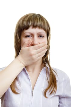 young girl covers her mouth with his hands on a white background