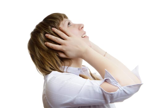 young girl looks up in horror on a white background