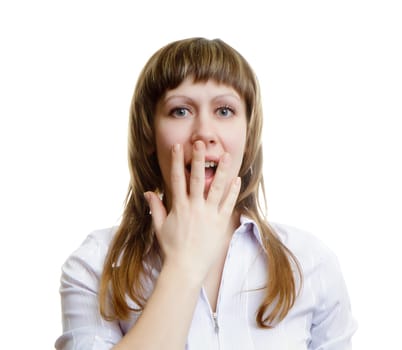 terrified young girl hand mouth shut. white background