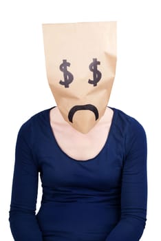 a desperate dollar sign paper bag head, isolated