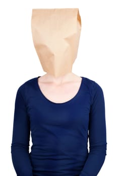 a person with a blank paper bag head with copy space, isolated