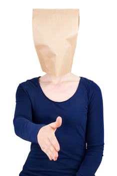 a person with a blank paper bag head in handshaking gesture, isolated