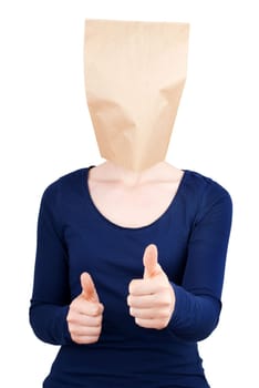 a person with a blank paper bag head showing two thumbs up, isolated