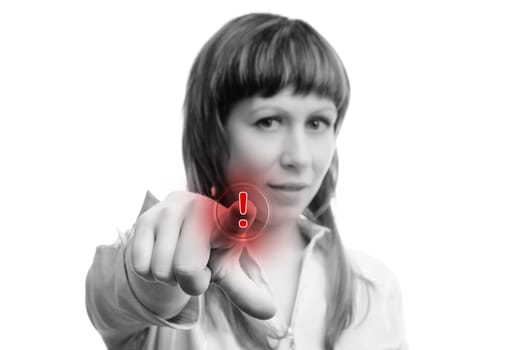 young woman presses the red button on a white background