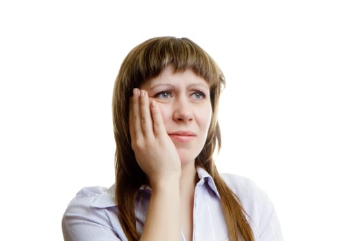 young woman with a toothache on a white background