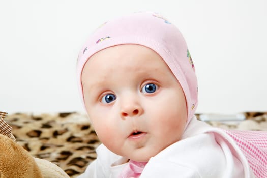 Portrait of a surprised little girl in the hat
