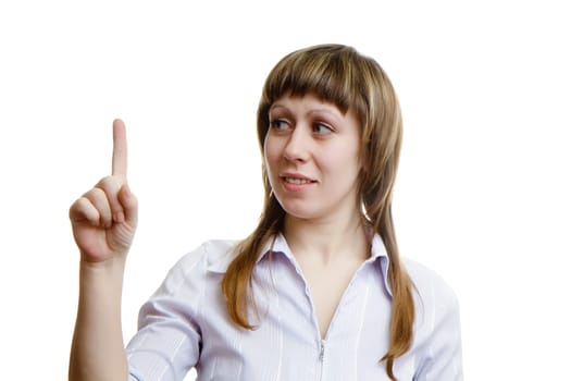 girl shows the index finger on a white background