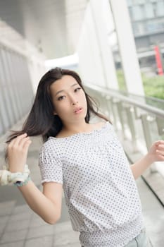 Attractive young woman, closeup glamour portrait at street in modern city, Taipei, Taiwan, Asia.