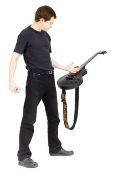 Virtuoso guitarist, dressed in black isolated white background