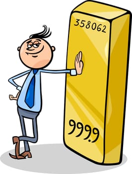 Concept Cartoon Illustration of Happy Man or Businessman with Big Gold Bar