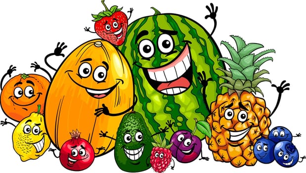 Cartoon Illustration of Funny Fruits Food Characters Big Group