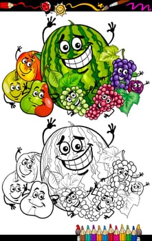 Coloring Book or Page Cartoon Illustration of Funny Fruits Comic Food Characters Group for Children Education