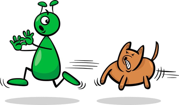 Cartoon Illustration of Funny Alien or Martian Comic Character Running Away form Dog