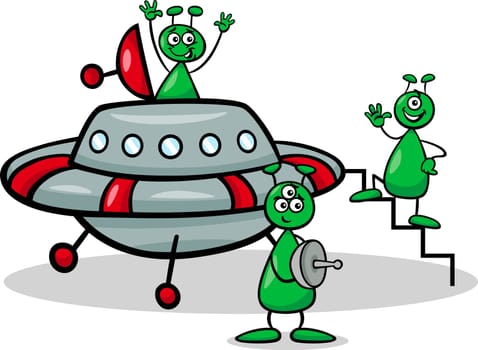 Cartoon Illustration of Three Funny Aliens or Martians Comic Characters with Ufo or Spaceship