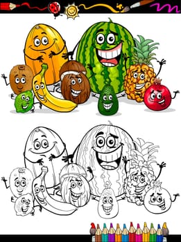 Coloring Book or Page Cartoon Illustration of Funny Tropical Fruits Comic Food Characters Group for Children Education